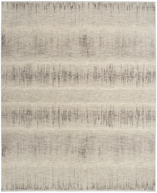 Neutral beige area rug with subtle taupe horizontal bands and distressed texture for a soft, modern look.