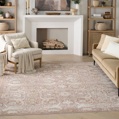 Neutral living room with cream armchairs, beige sofa, light wood shelving, white fireplace, and a pink-toned Persian rug.