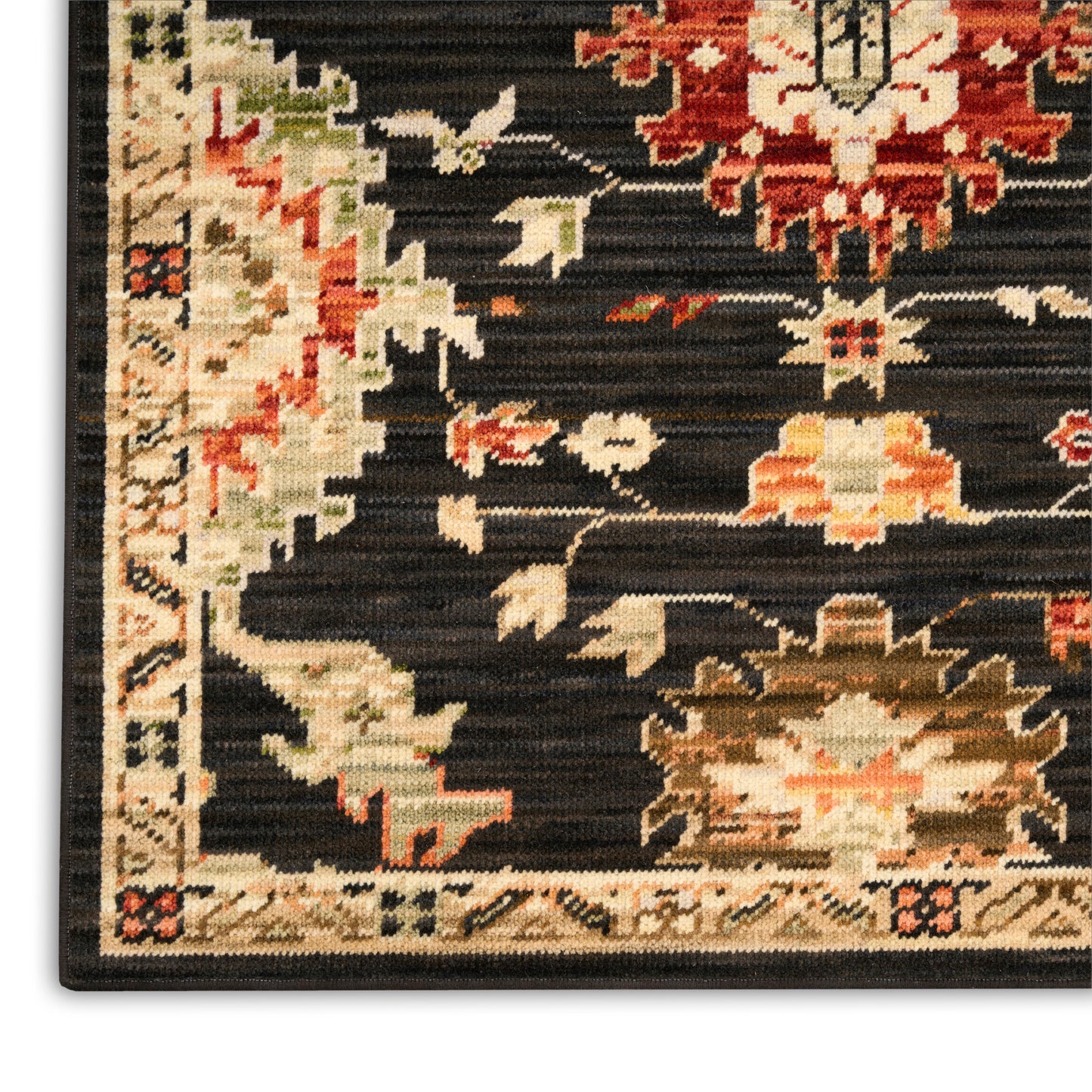 Dark oriental runner rug with ivory, red and tan floral motifs and a beige border; rectangular woven decor.