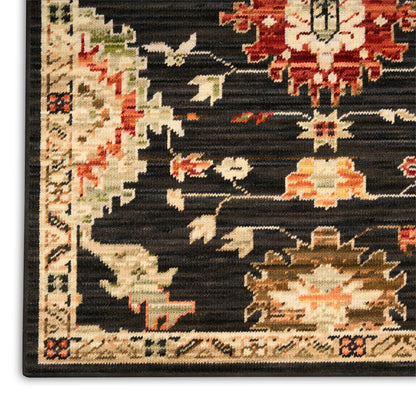 Dark oriental runner rug with ivory, red and tan floral motifs and a beige border; rectangular woven decor.