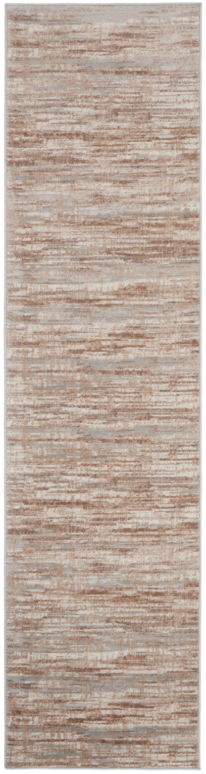 Beige-brown woven runner rug with subtle horizontal striations and soft, durable texture.