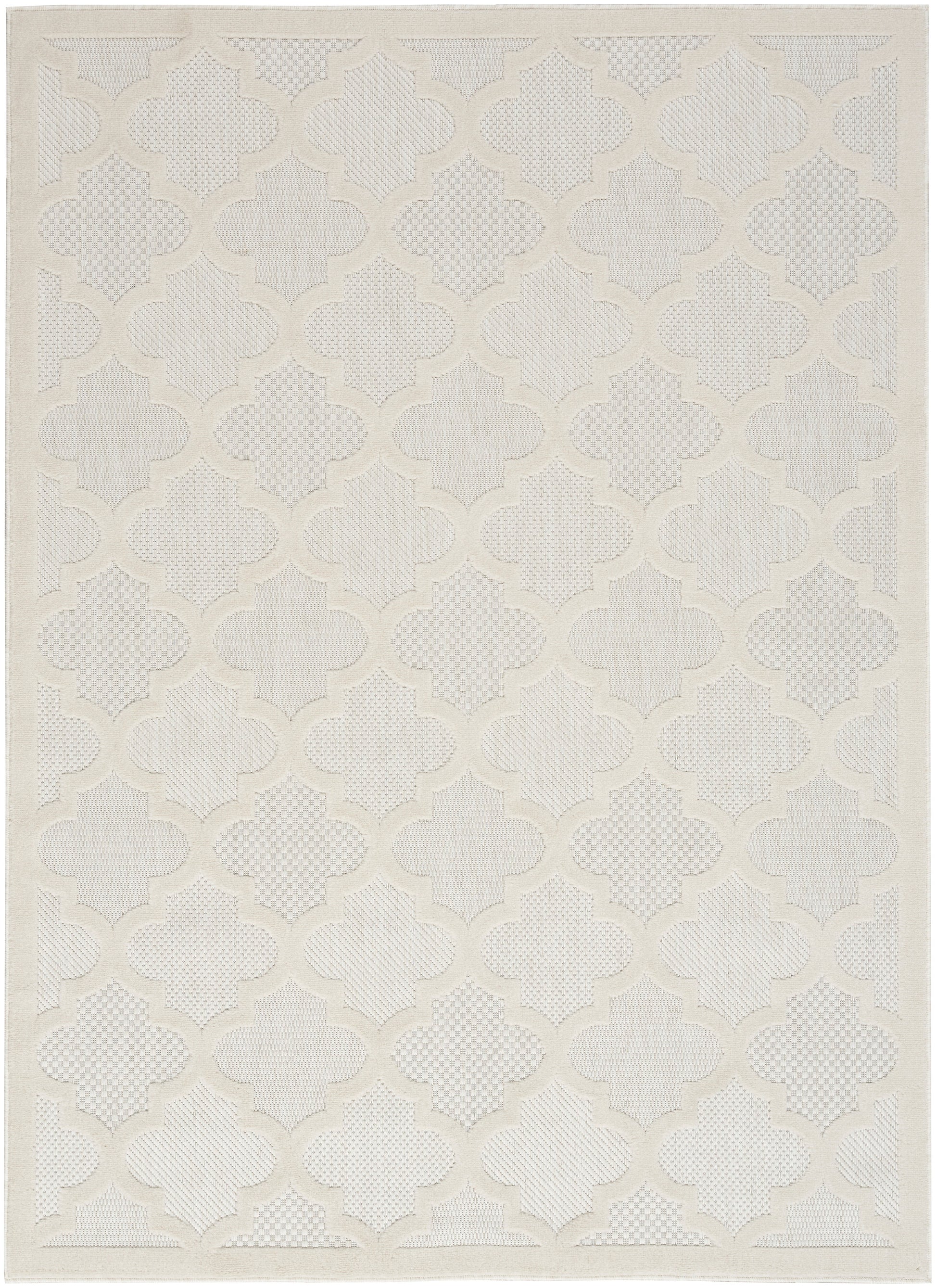 Ivory area rug with a raised quatrefoil trellis pattern and subtle texture, modern classic decor for living rooms.