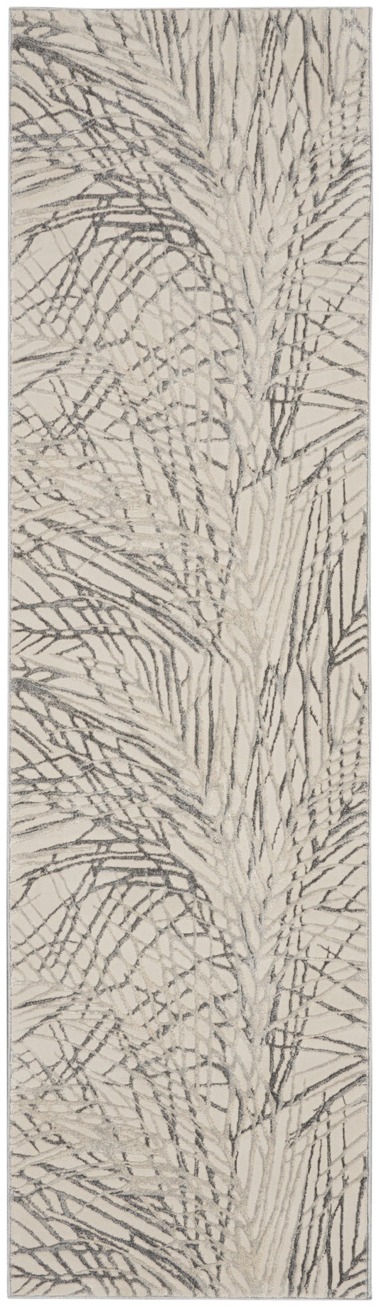 Beige runner rug with abstract gray palm frond pattern; contemporary, soft-textured look.