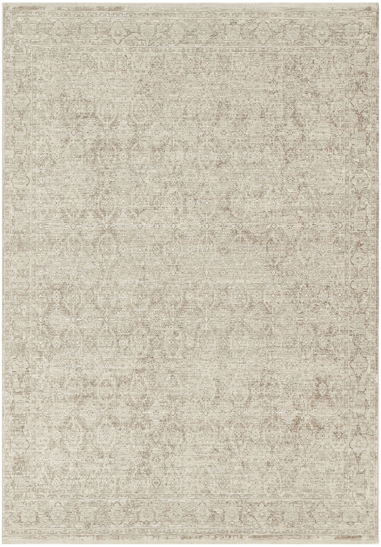 Beige distressed traditional area rug with subtle floral medallion pattern and ornate border, warm neutral decor.