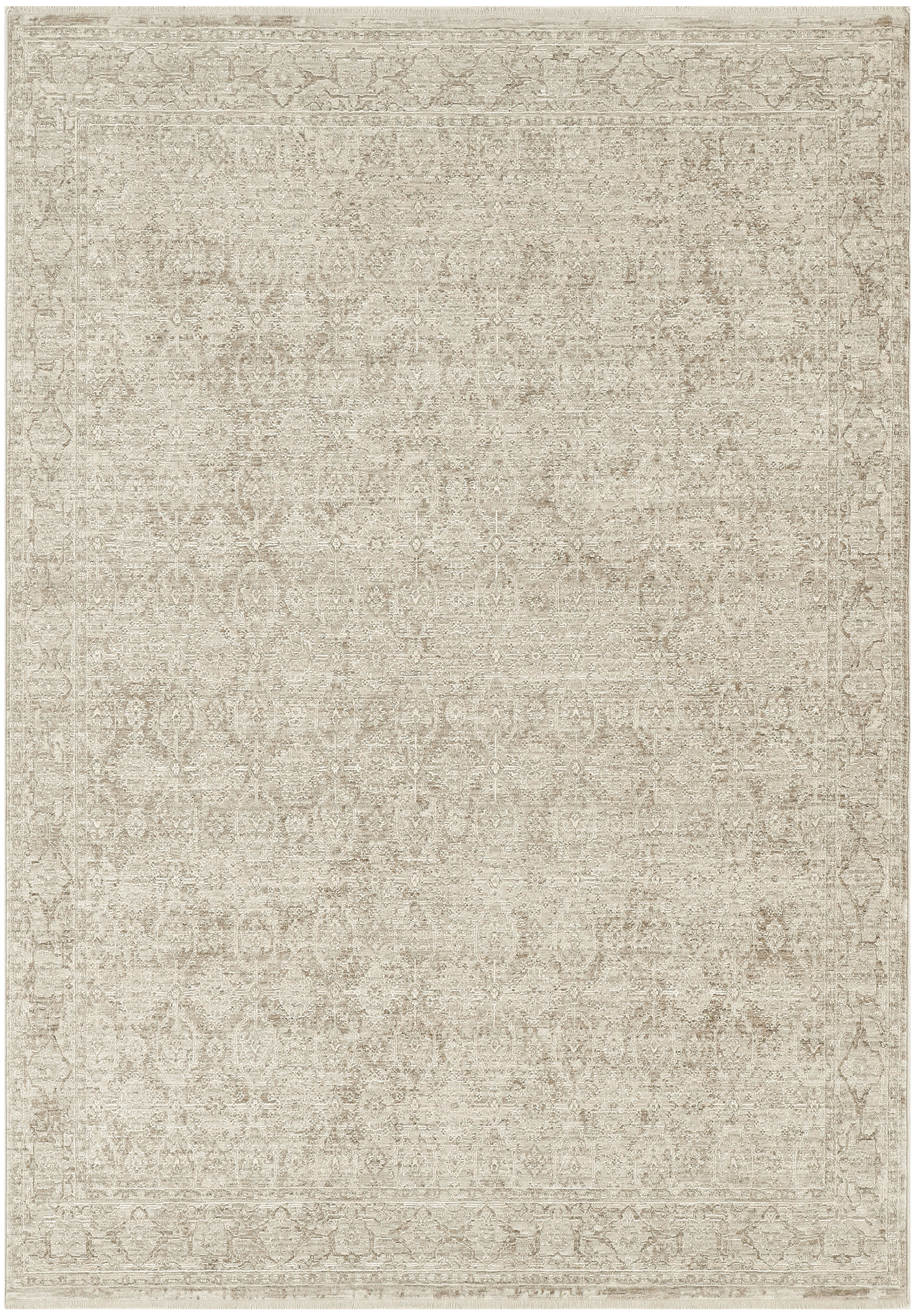Beige distressed traditional area rug with subtle floral medallion pattern and ornate border, warm neutral decor.