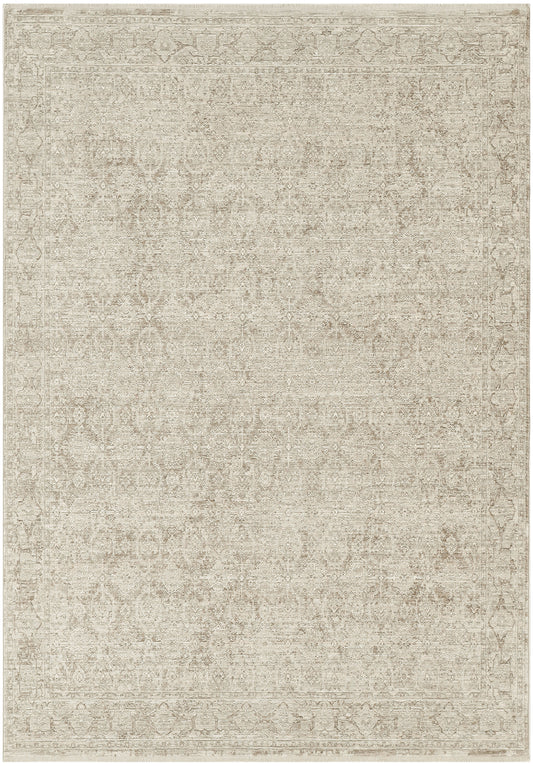 Beige distressed traditional area rug with subtle floral medallion pattern and ornate border, warm neutral decor.