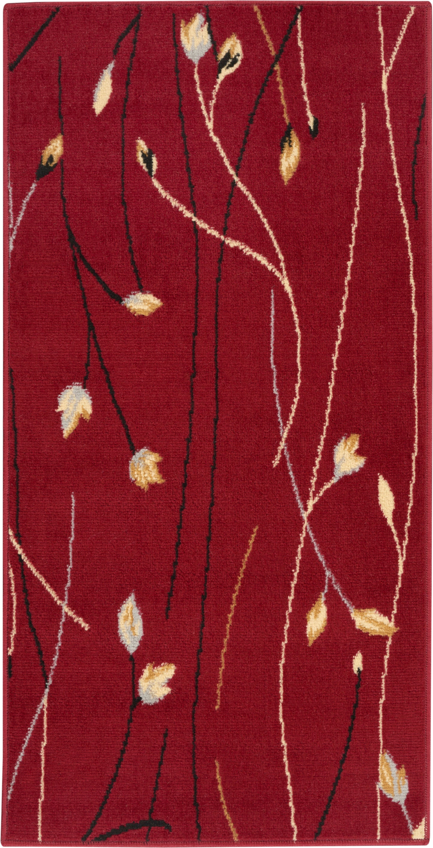 Red rectangular area rug with abstract black and ivory vine lines and pale yellow leaves.