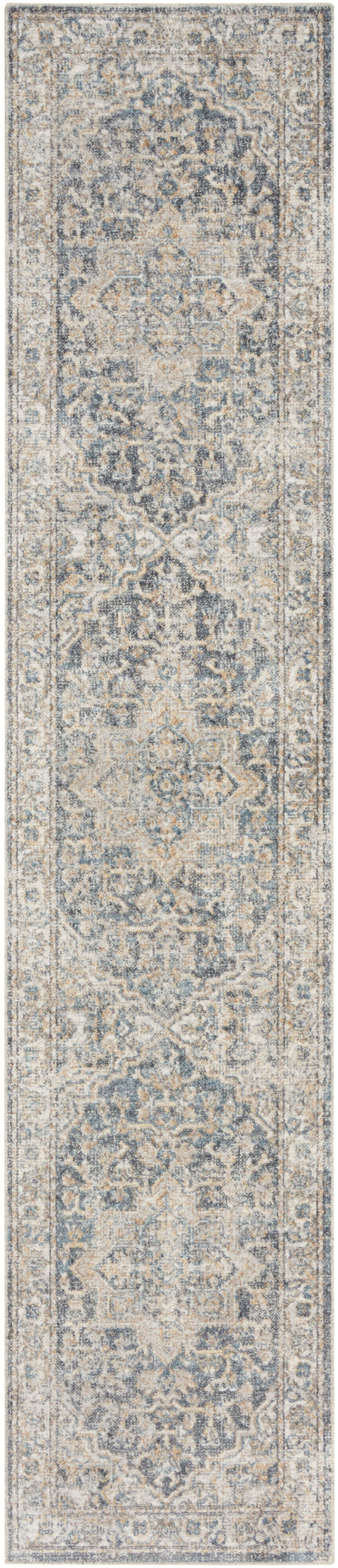Beige oriental runner rug with blue-gray medallions; wool-like texture, Persian-inspired design for hallway decor.