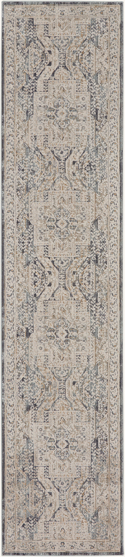 Long oriental-style runner rug in beige, ivory and slate blue with intricate geometric medallions and floral borders.