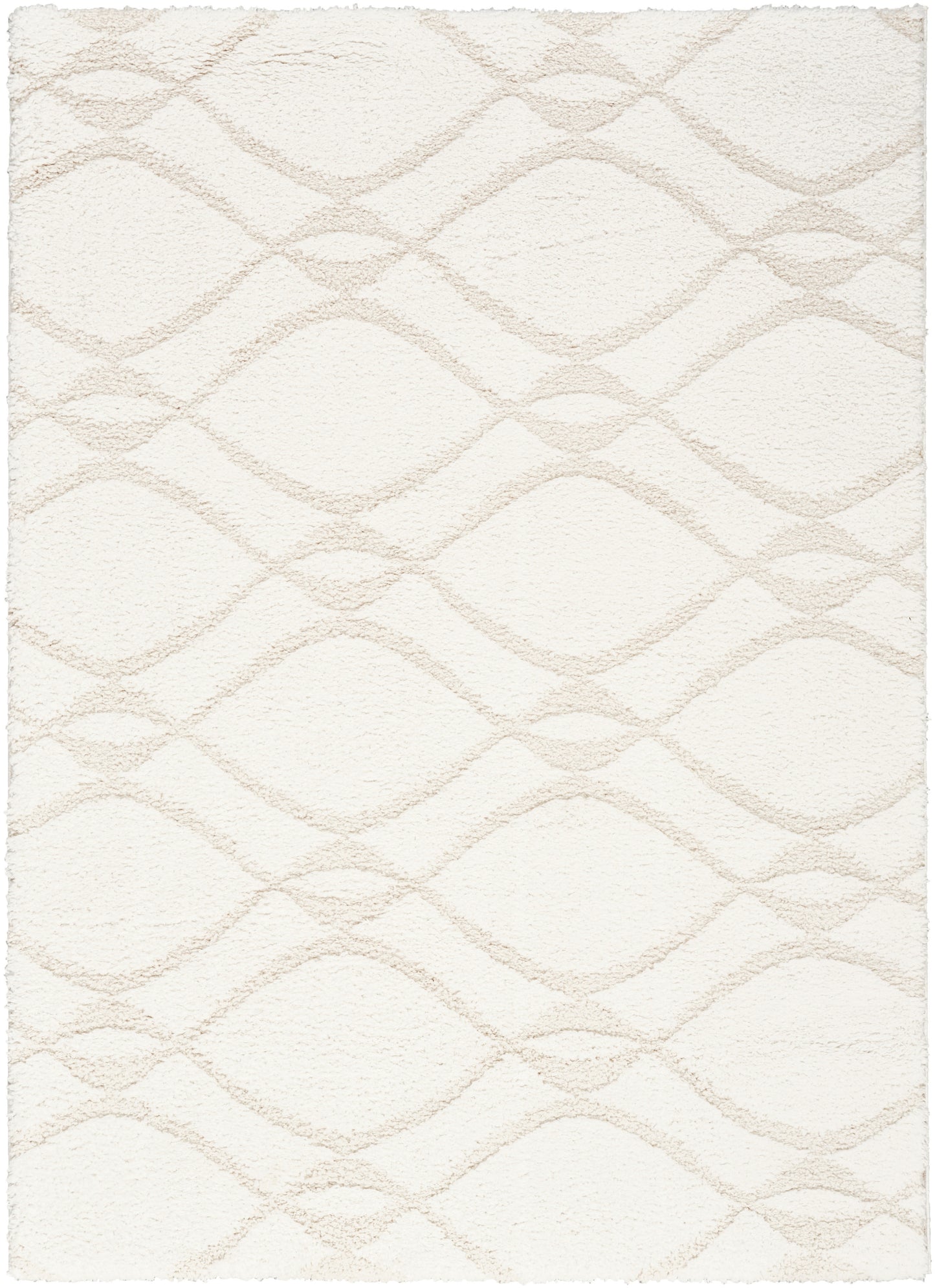 Cream shag rug with a soft beige diamond lattice pattern.
