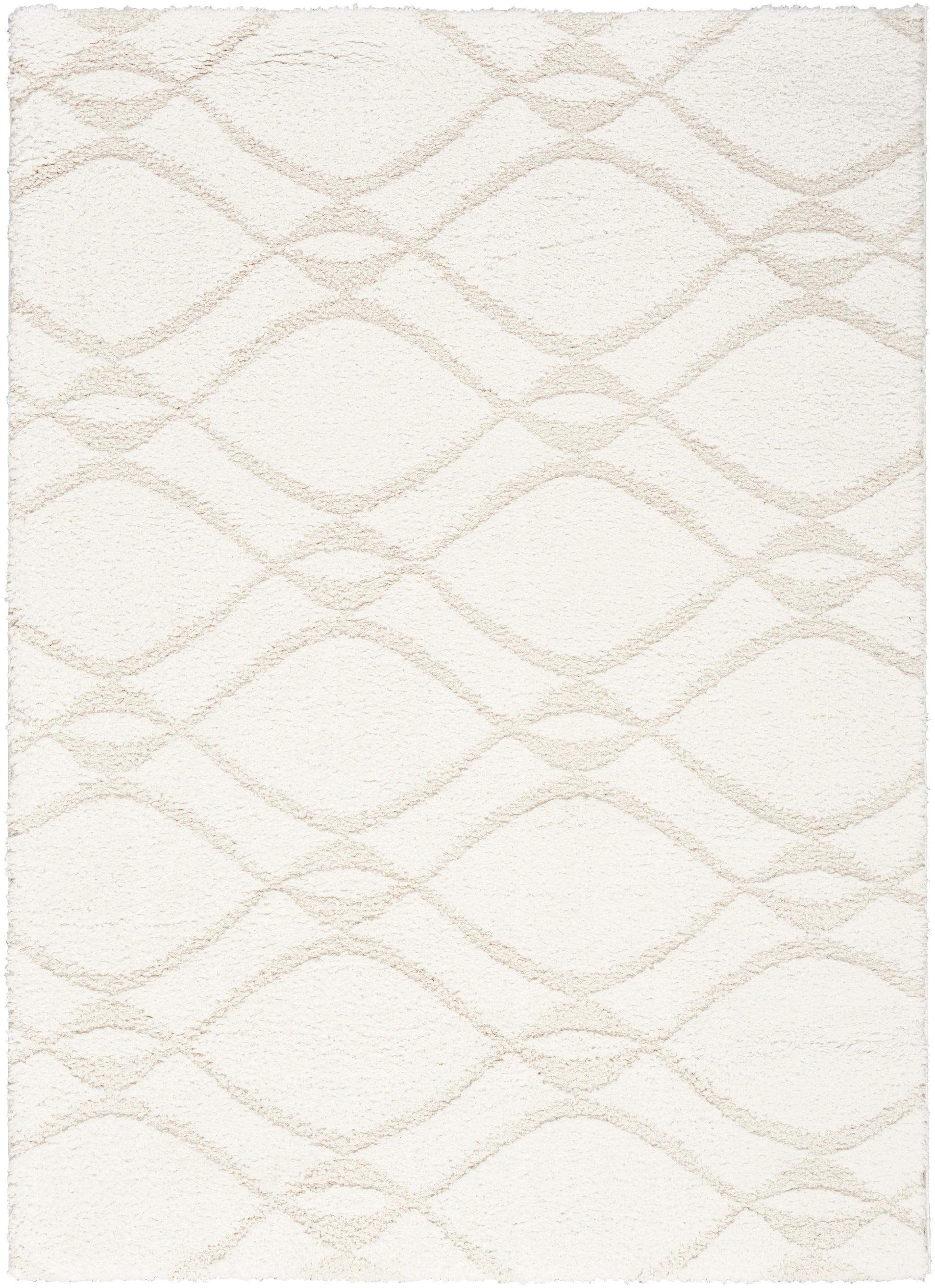 Cream shag rug with a soft beige diamond lattice pattern.