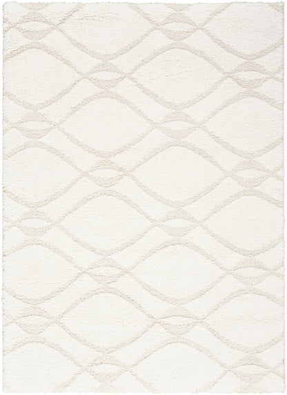 Cream shag rug with a soft beige diamond lattice pattern.