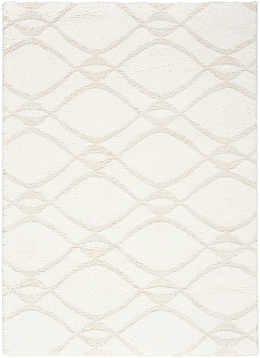 Cream shag rug with a soft beige diamond lattice pattern.