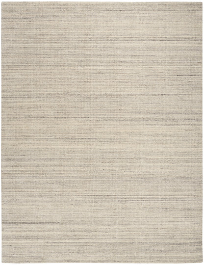 Beige flat-weave rug with subtle horizontal stripes and a neutral textured weave; suitable for living room or bedroom.