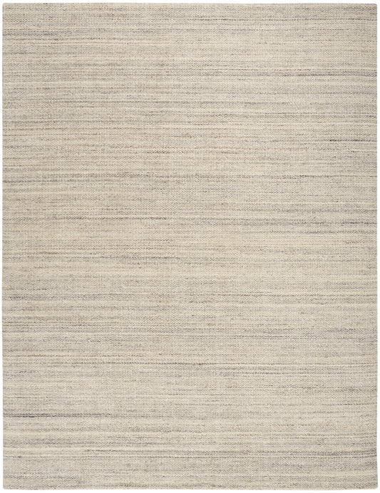 Beige flat-weave rug with subtle horizontal stripes and a neutral textured weave; suitable for living room or bedroom.