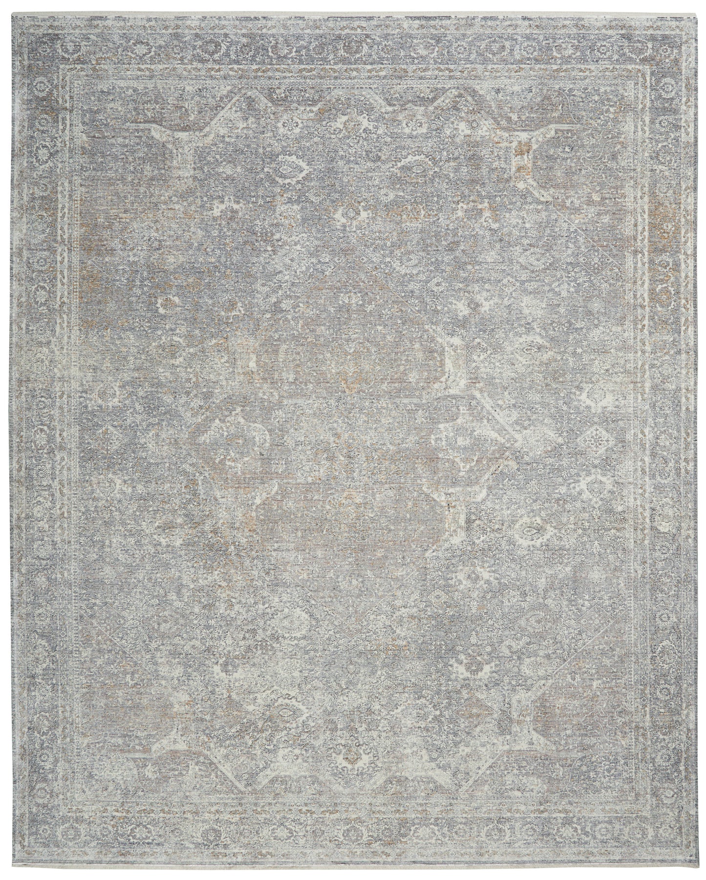 Rectangular distressed antique-style grey Oriental rug with beige motifs and ornate border.
