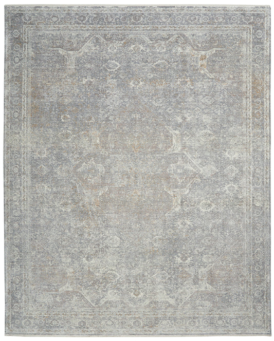 Rectangular distressed antique-style grey Oriental rug with beige motifs and ornate border.