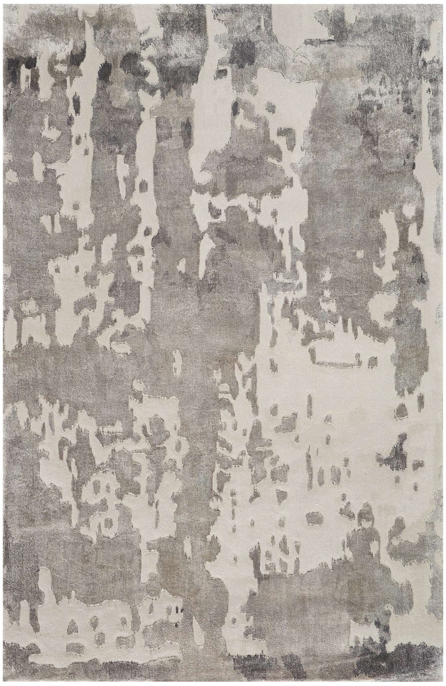 Rectangular rug in grey and ivory with abstract distressed pattern; modern, neutral decor.