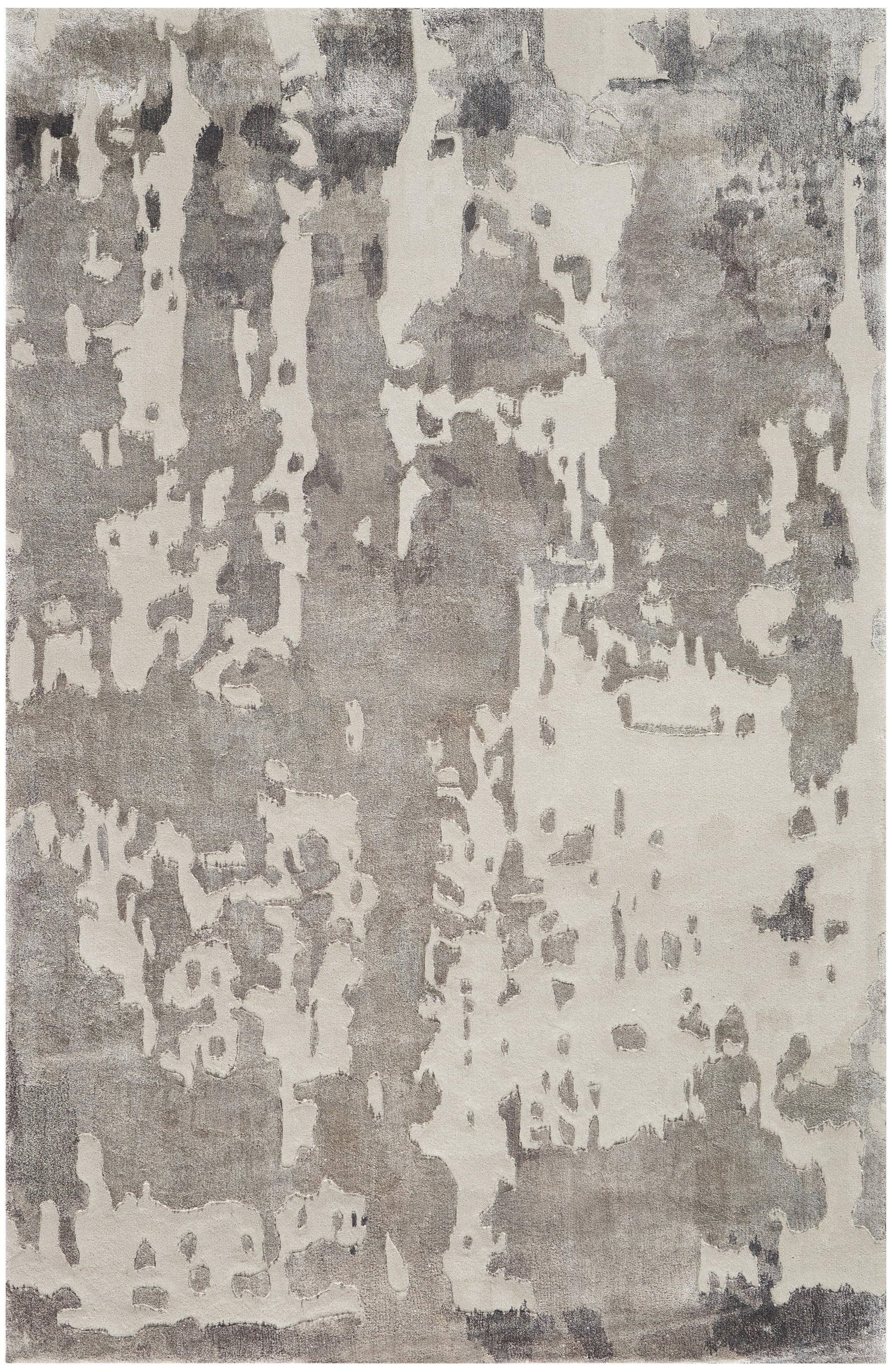 Rectangular rug in grey and ivory with abstract distressed pattern; modern, neutral decor.