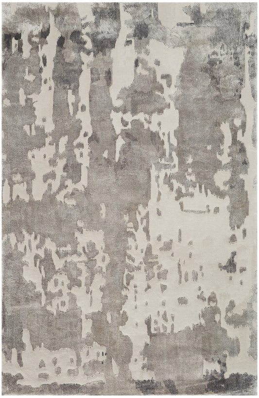 Rectangular rug in grey and ivory with abstract distressed pattern; modern, neutral decor.