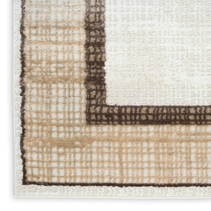 Beige and cream textured area rug with dark brown border and geometric grid pattern.