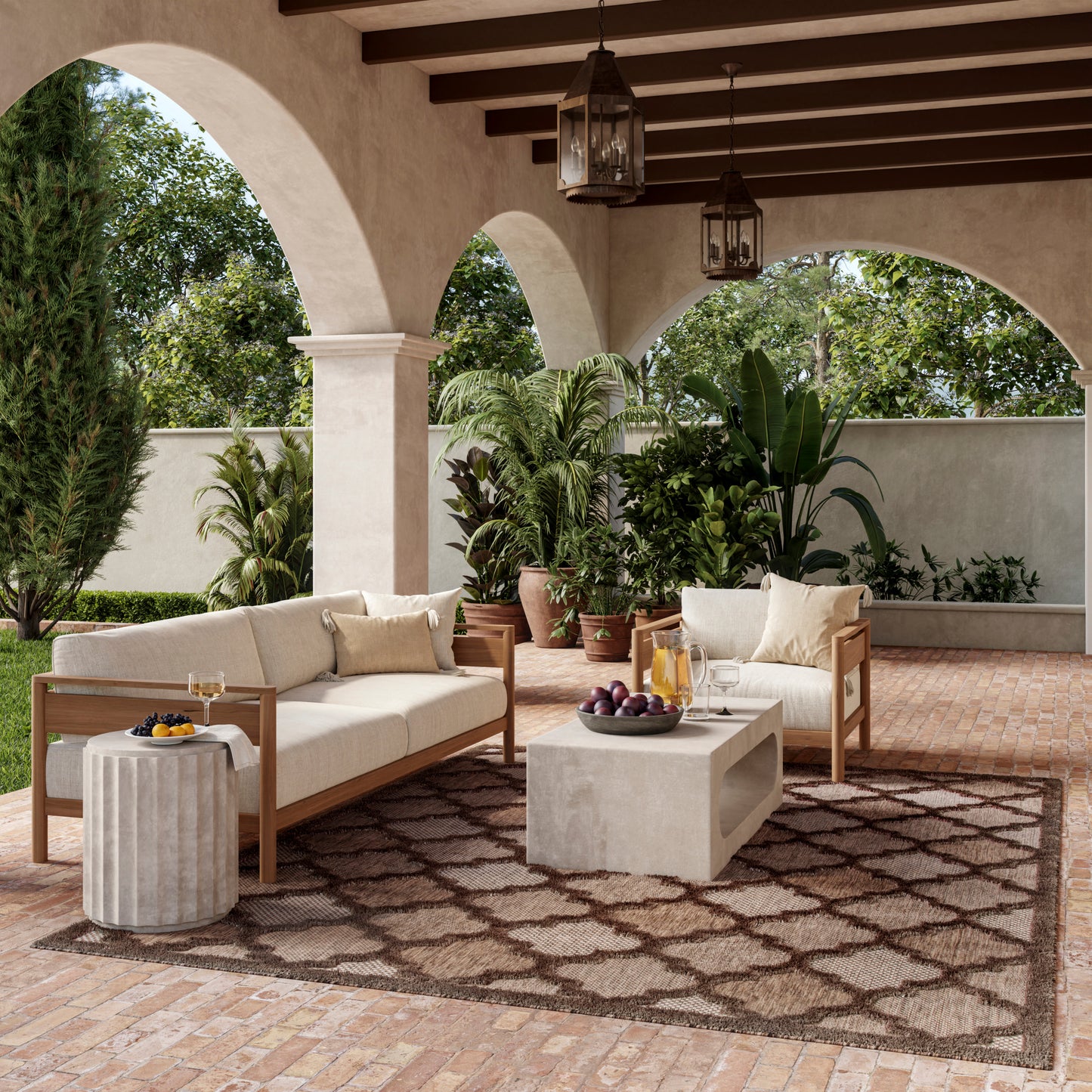Outdoor seating under arched veranda with cream cushions, wooden sofas, concrete coffee table, and potted plants.