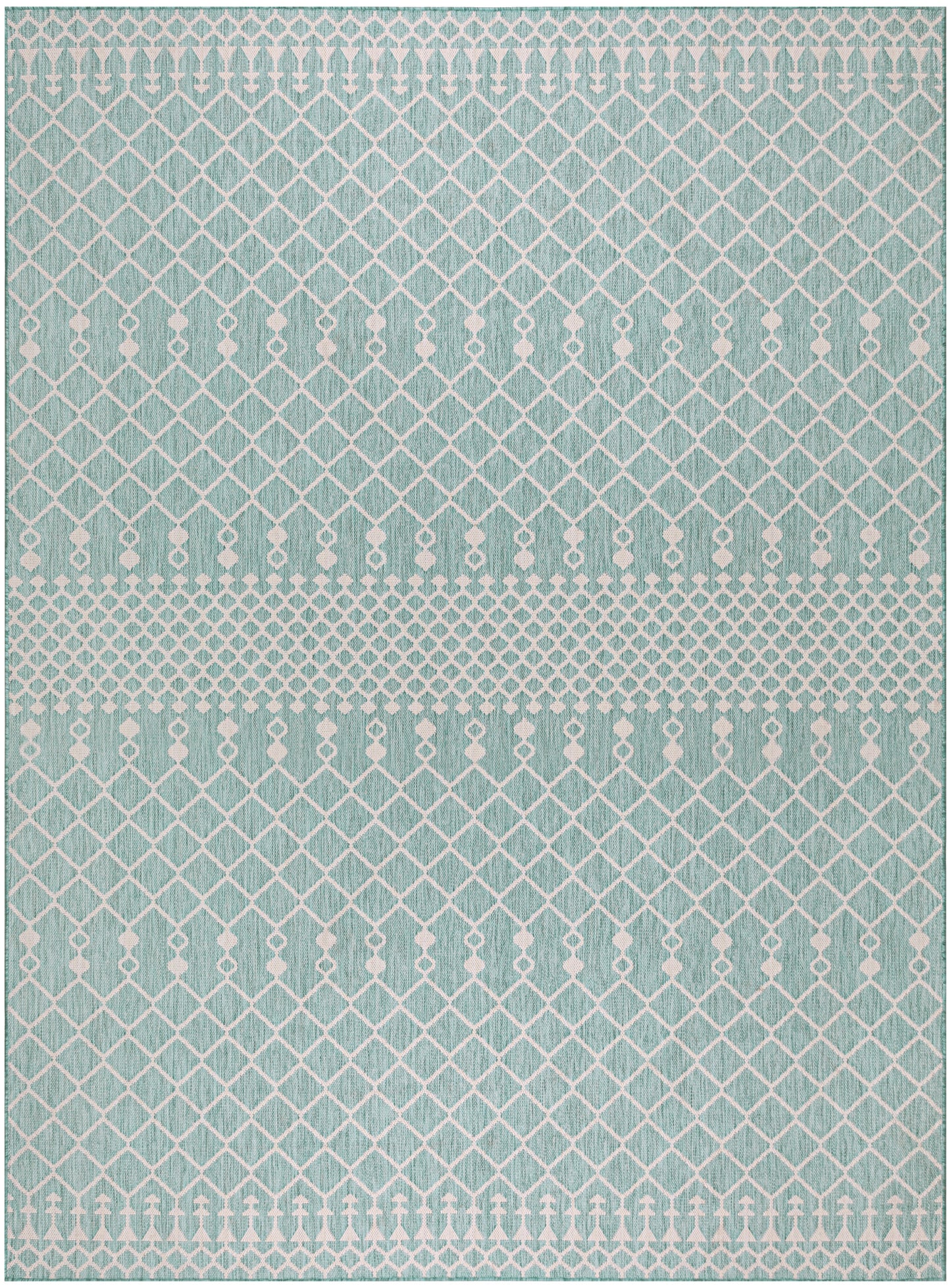Teal rug with white diamond lattice pattern and border bands of small arrow-like motifs.