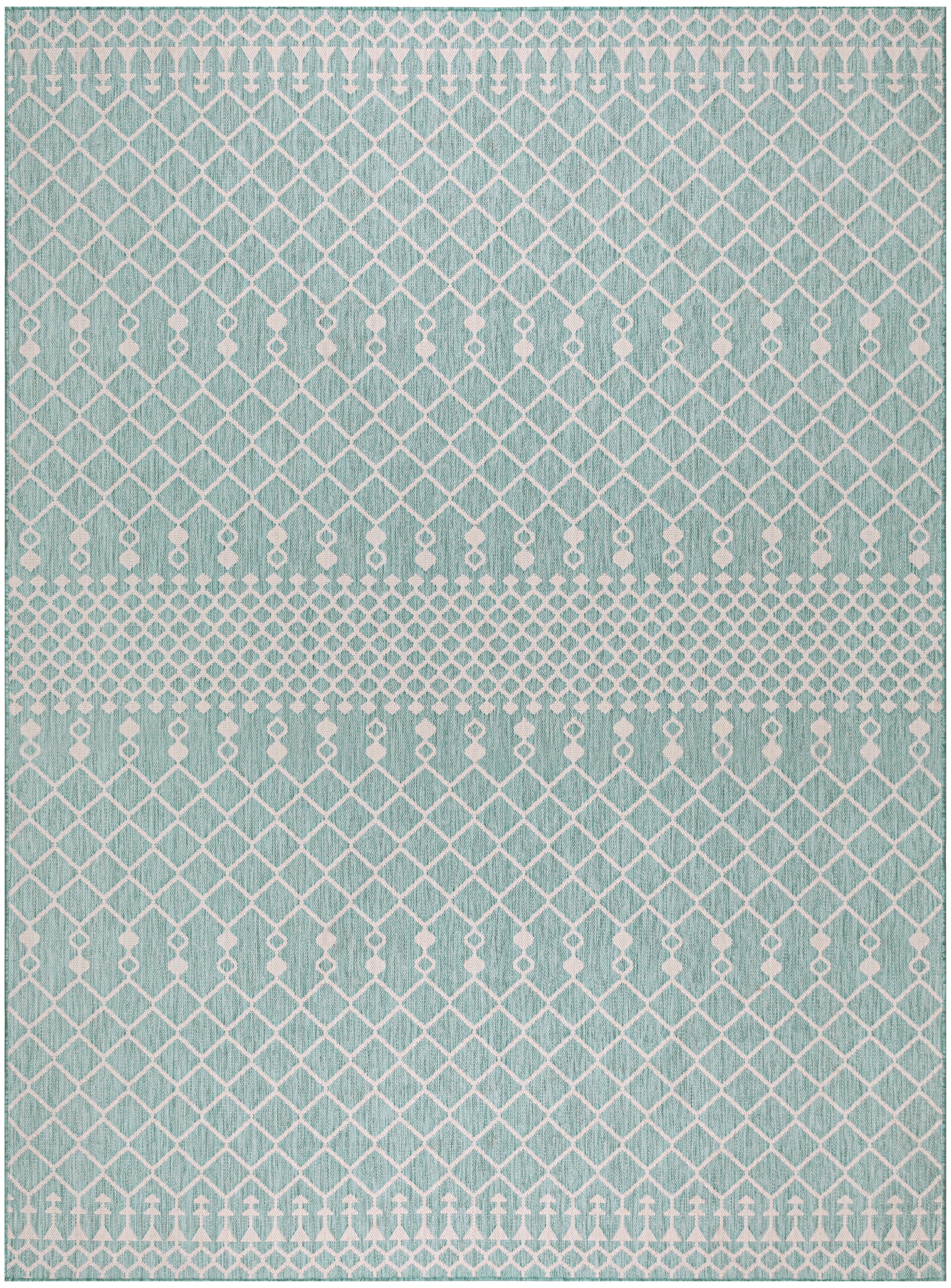 Teal rug with white diamond lattice pattern and border bands of small arrow-like motifs.