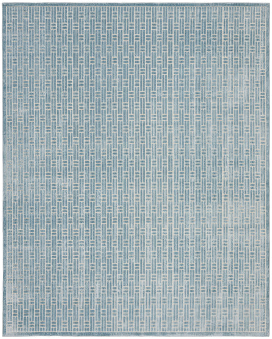 Blue-gray area rug with a white woven lattice pattern and subtle border.