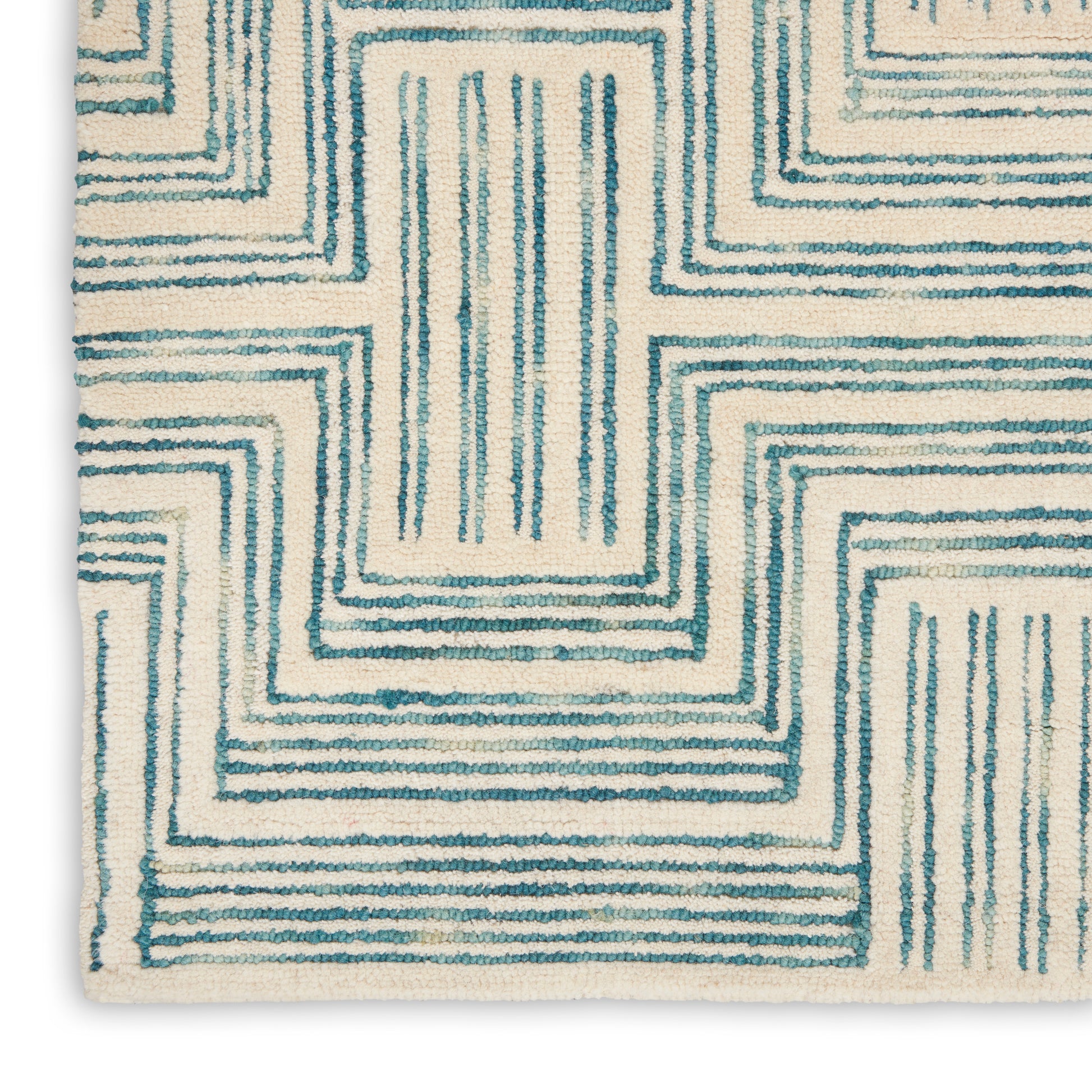 Teal geometric runner rug with layered rectangular outlines on a cream background; modern, contemporary style.