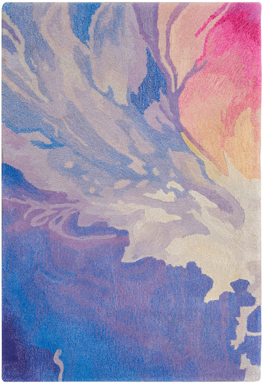 Pastel abstract rug with blue, purple, pink and peach swirls; soft textured pile.