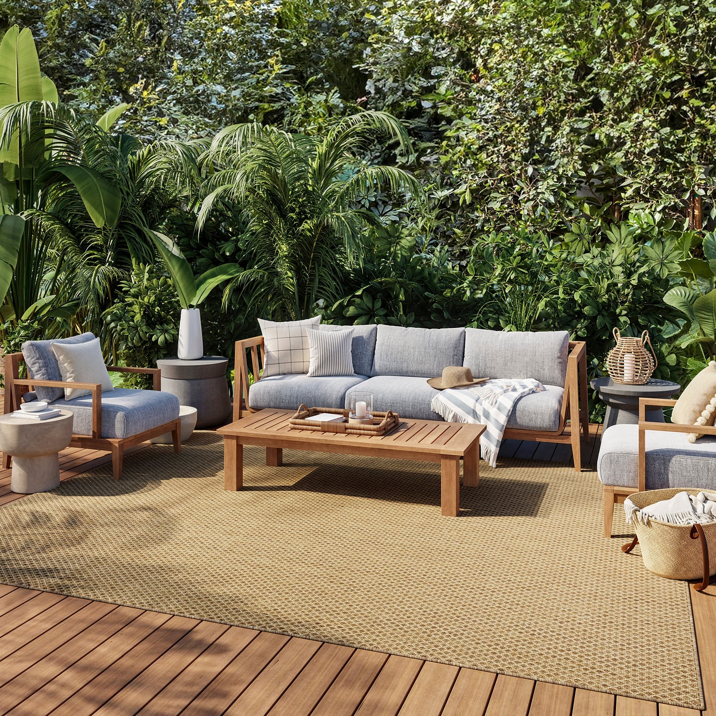 Beige rug on an outdoor patio with a subtle pattern.
