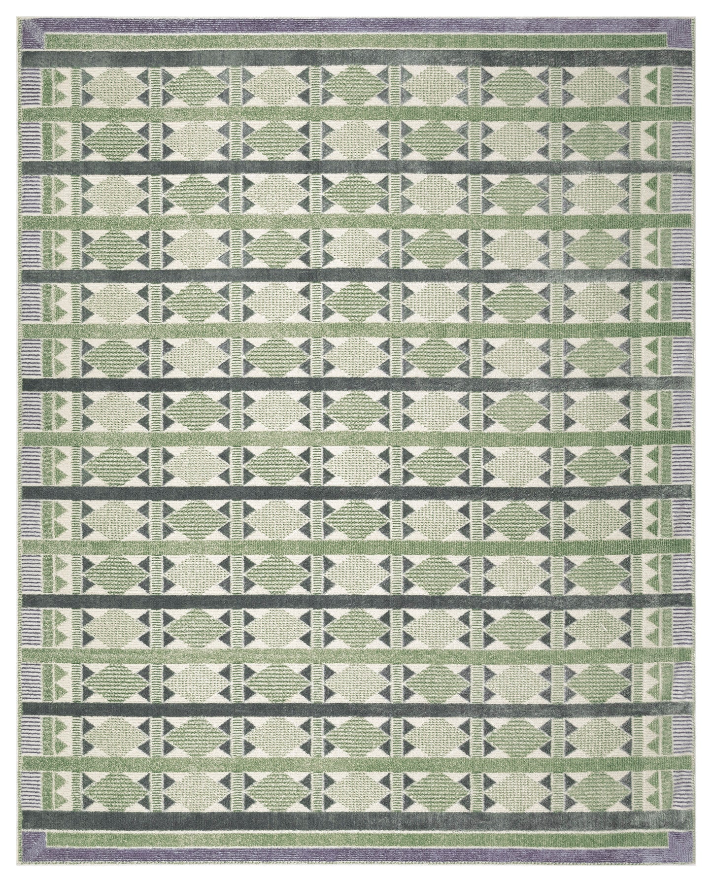 Geometric woven rug with green & cream diamond motifs, gray stripes, & purple border; kilim-style.