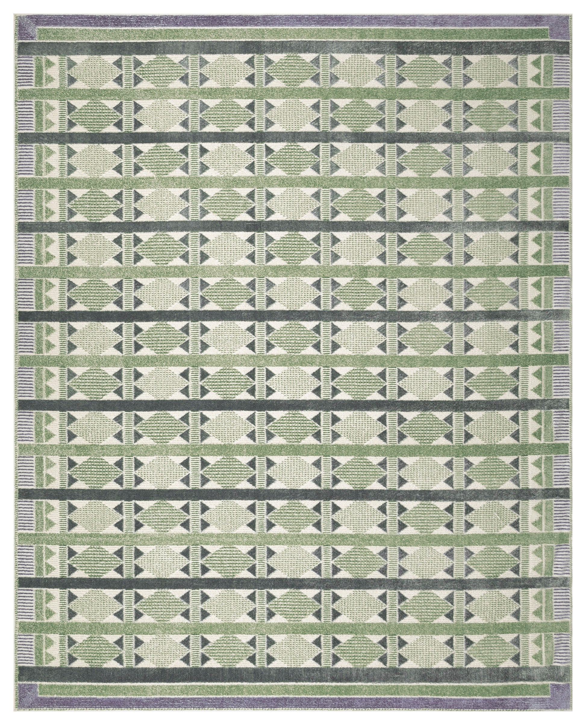 Geometric woven rug with green & cream diamond motifs, gray stripes, & purple border; kilim-style.