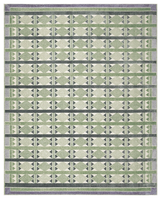 Geometric woven rug with green & cream diamond motifs, gray stripes, & purple border; kilim-style.