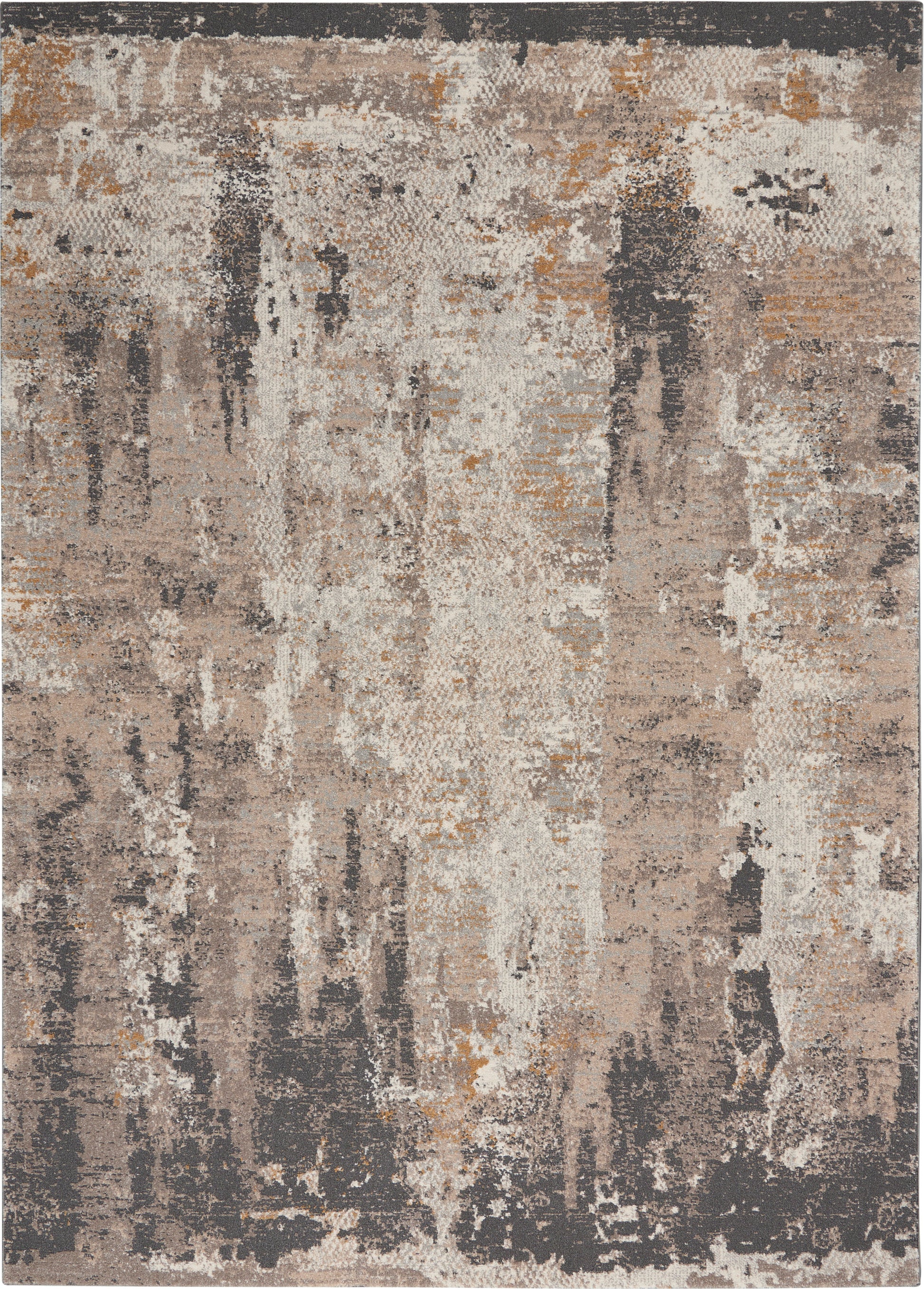 Abstract distressed area rug in beige, taupe, gray with ivory and rust accents and a textured, painterly pattern.
