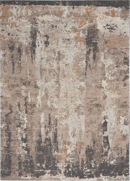 Abstract distressed area rug in beige, taupe, gray with ivory and rust accents and a textured, painterly pattern.