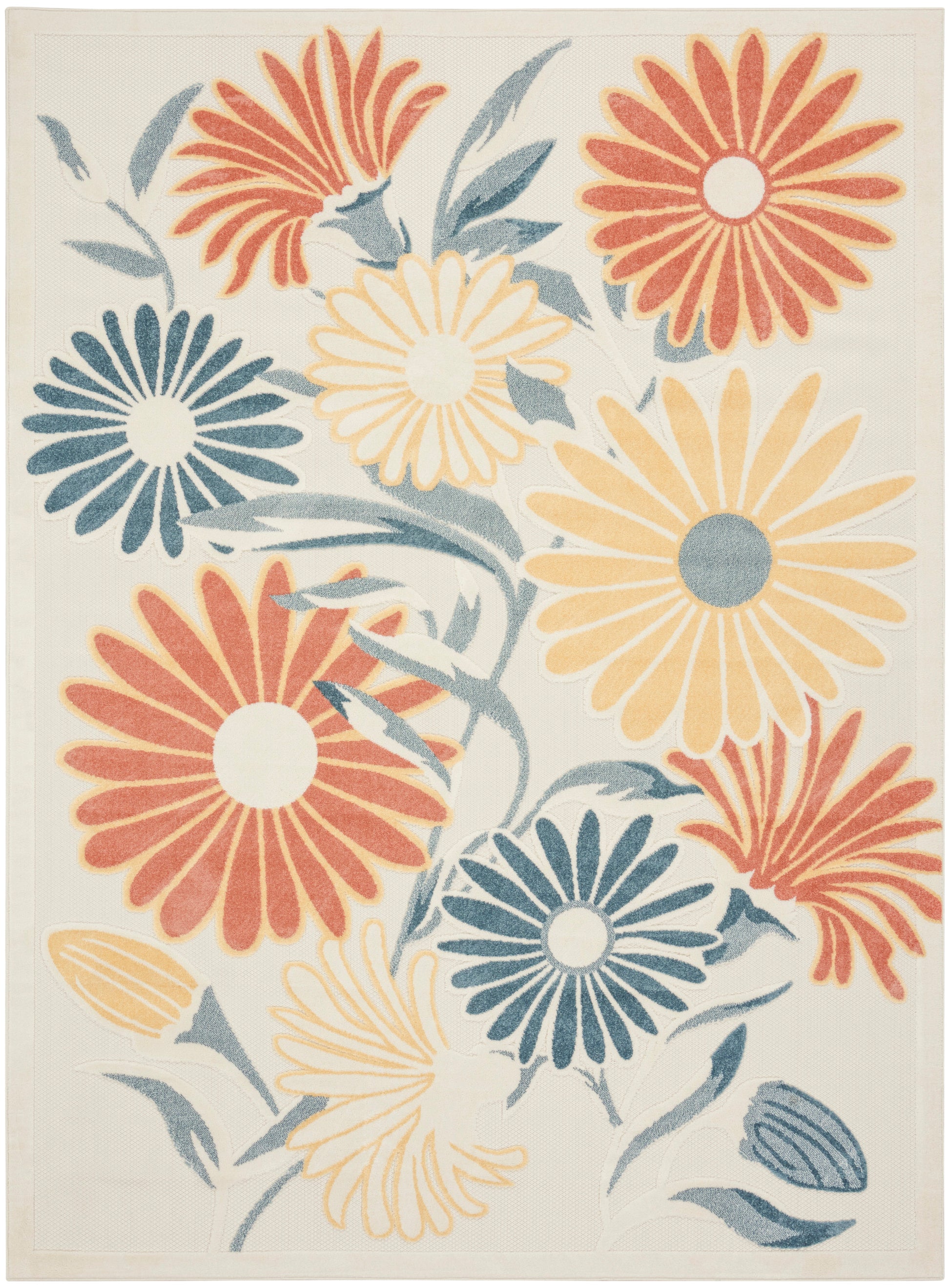 Cream area rug with large multicolor daisy blooms in orange, yellow, teal and blue; decorative floral floor art.