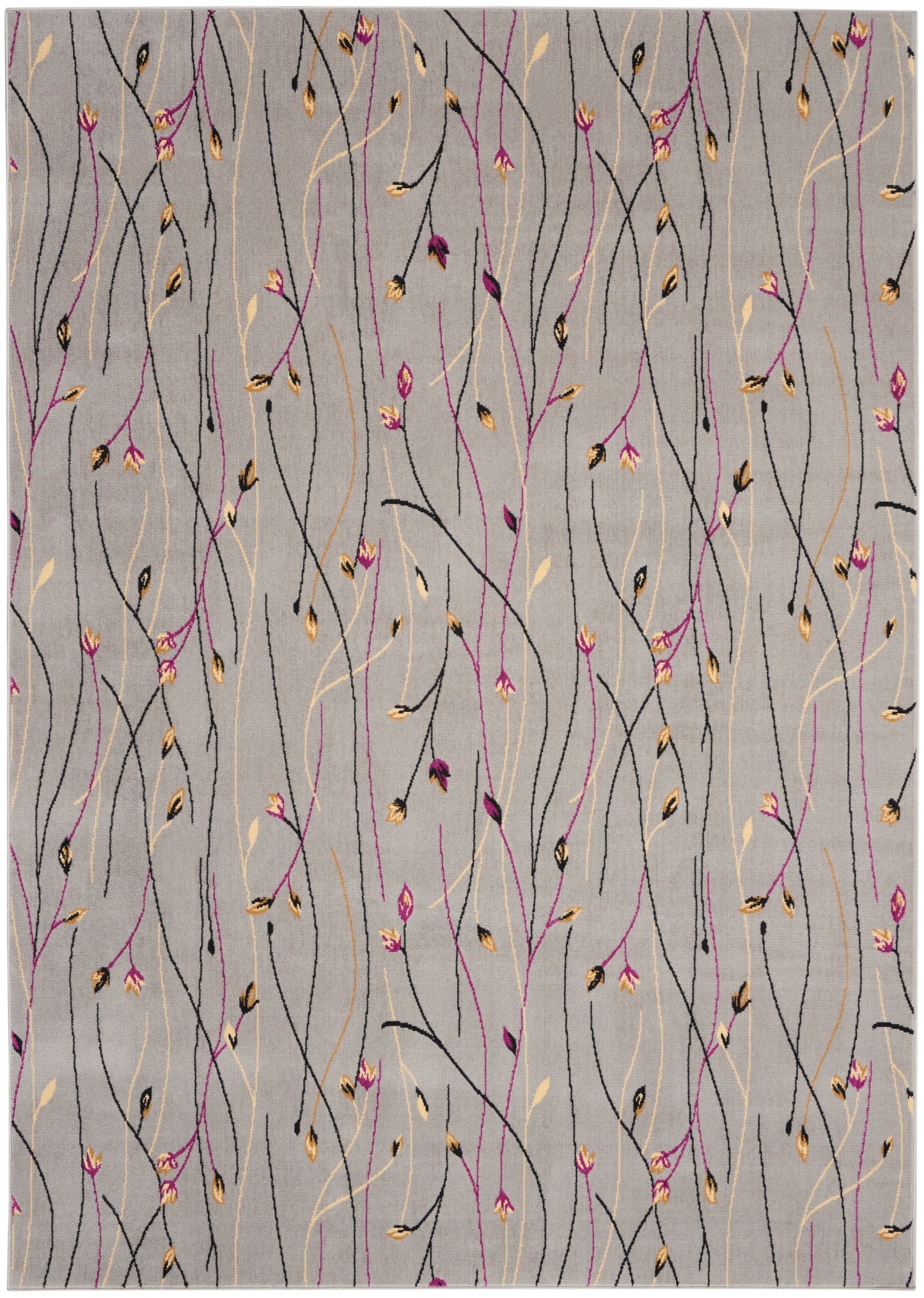 Gray woven rug with sinuous black, magenta and gold vines and small beige leaves; modern botanical pattern for living room.