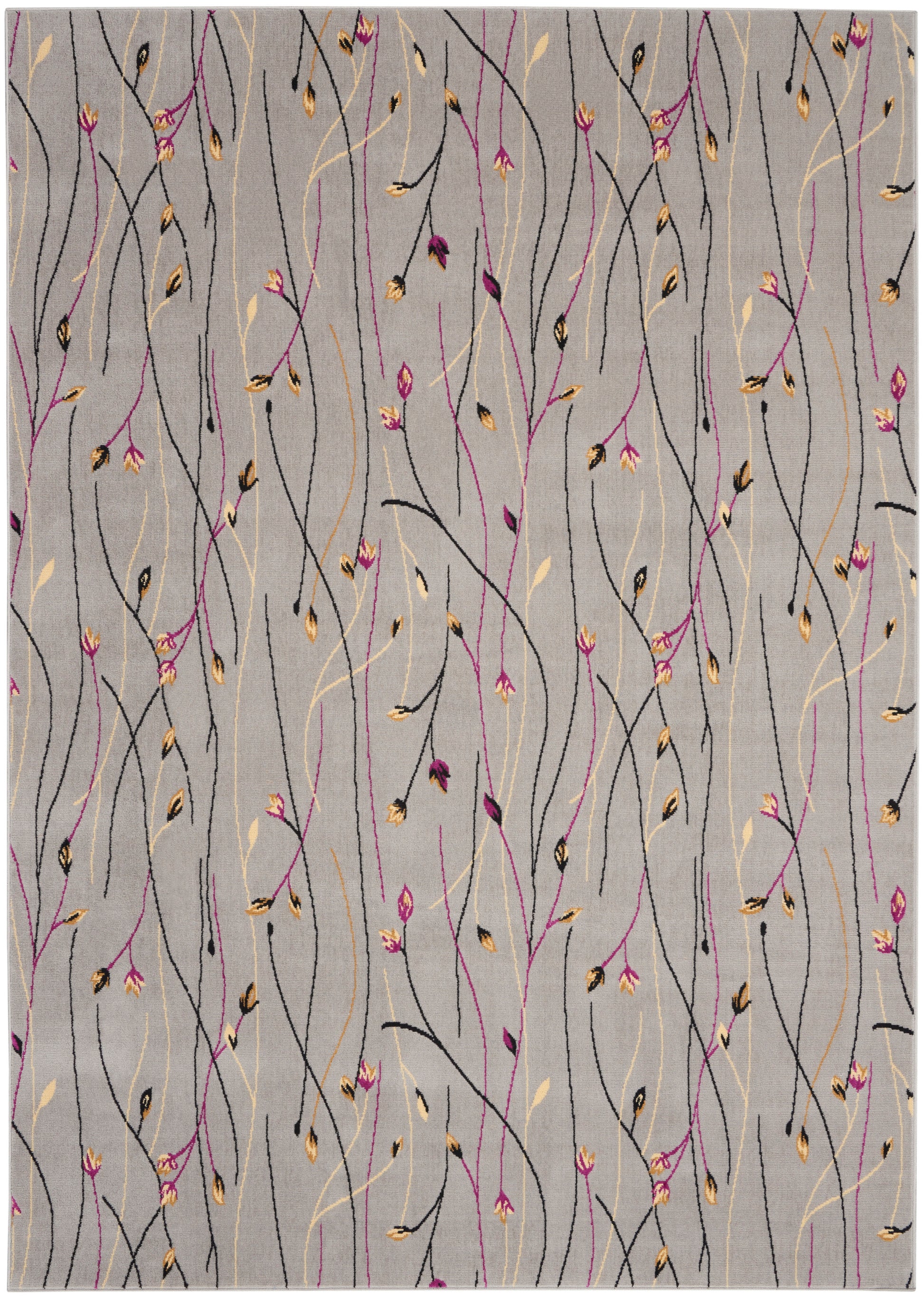 Gray woven rug with sinuous black, magenta and gold vines and small beige leaves; modern botanical pattern for living room.