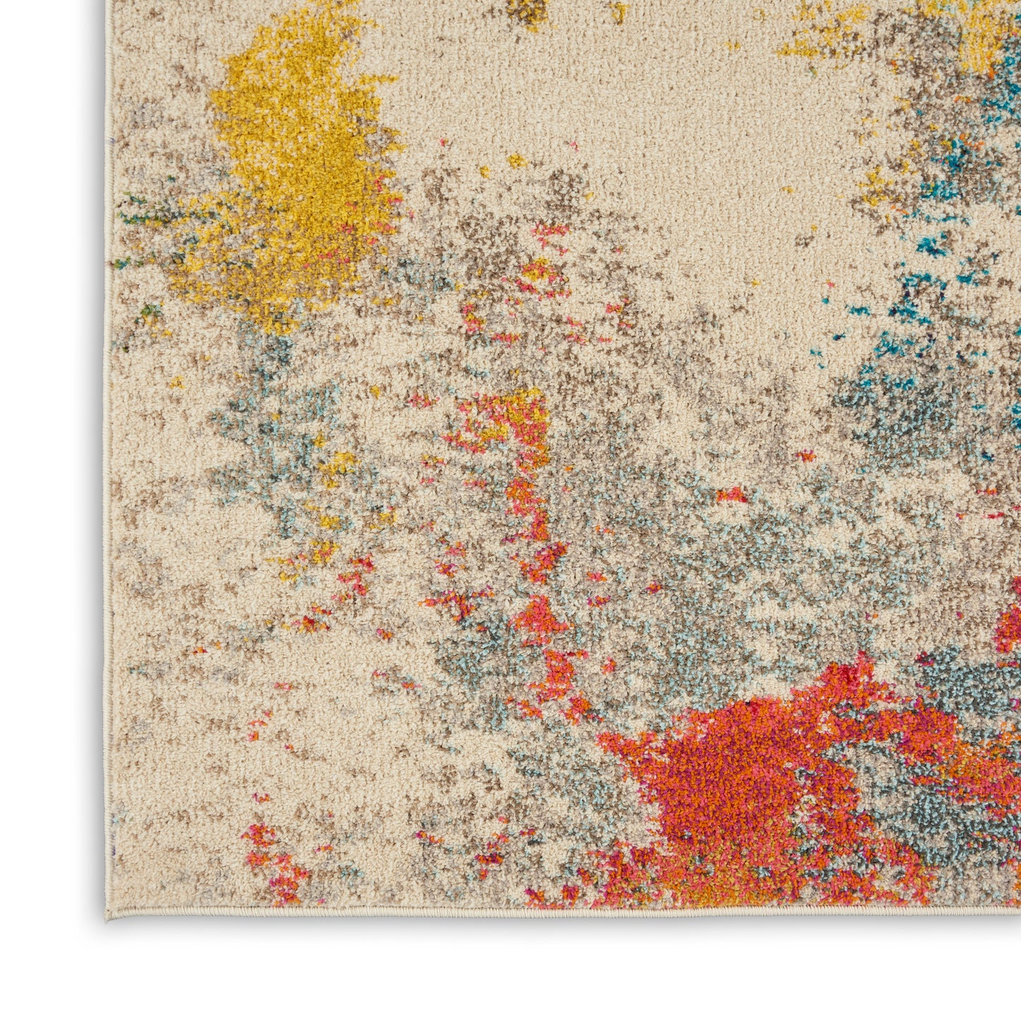 Beige abstract rug with yellow, red, blue & gray splashes; plush pile, modern art-inspired design.