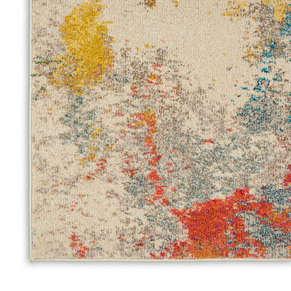 Beige abstract rug with yellow, red, blue & gray splashes; plush pile, modern art-inspired design.