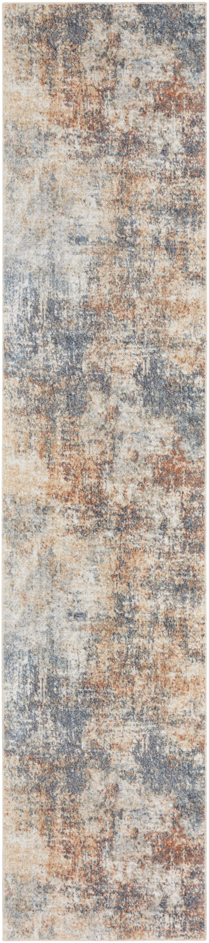 Long narrow runner rug with a distressed abstract pattern in beige, blue-gray and rust tones.