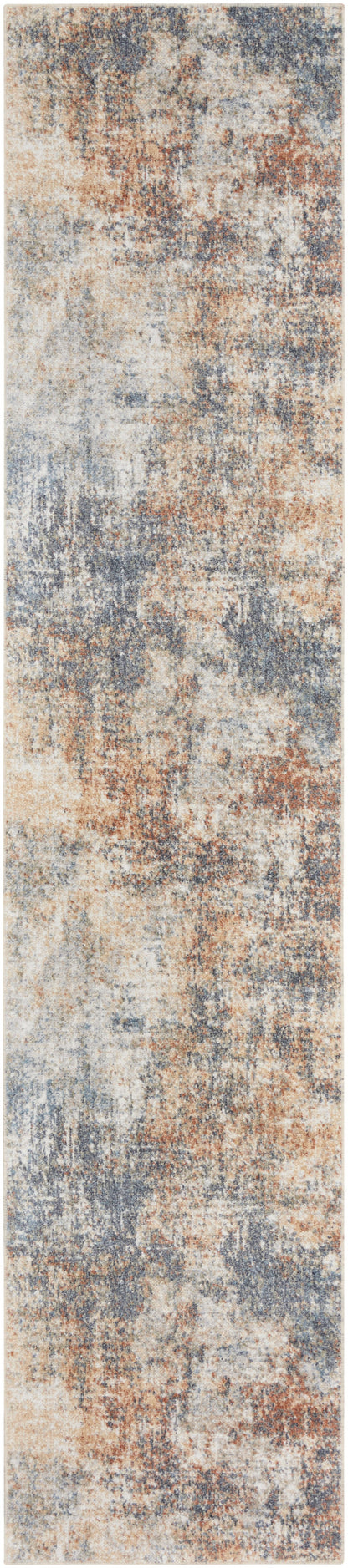 Long narrow runner rug with a distressed abstract pattern in beige, blue-gray and rust tones.
