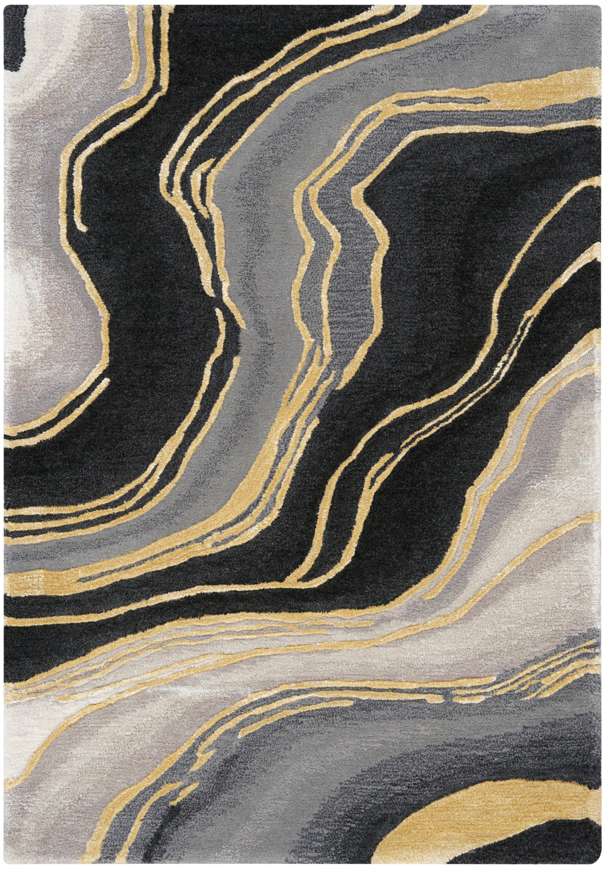 Abstract marbled area rug with black, gray, beige & gold swirls; modern decor for living room.