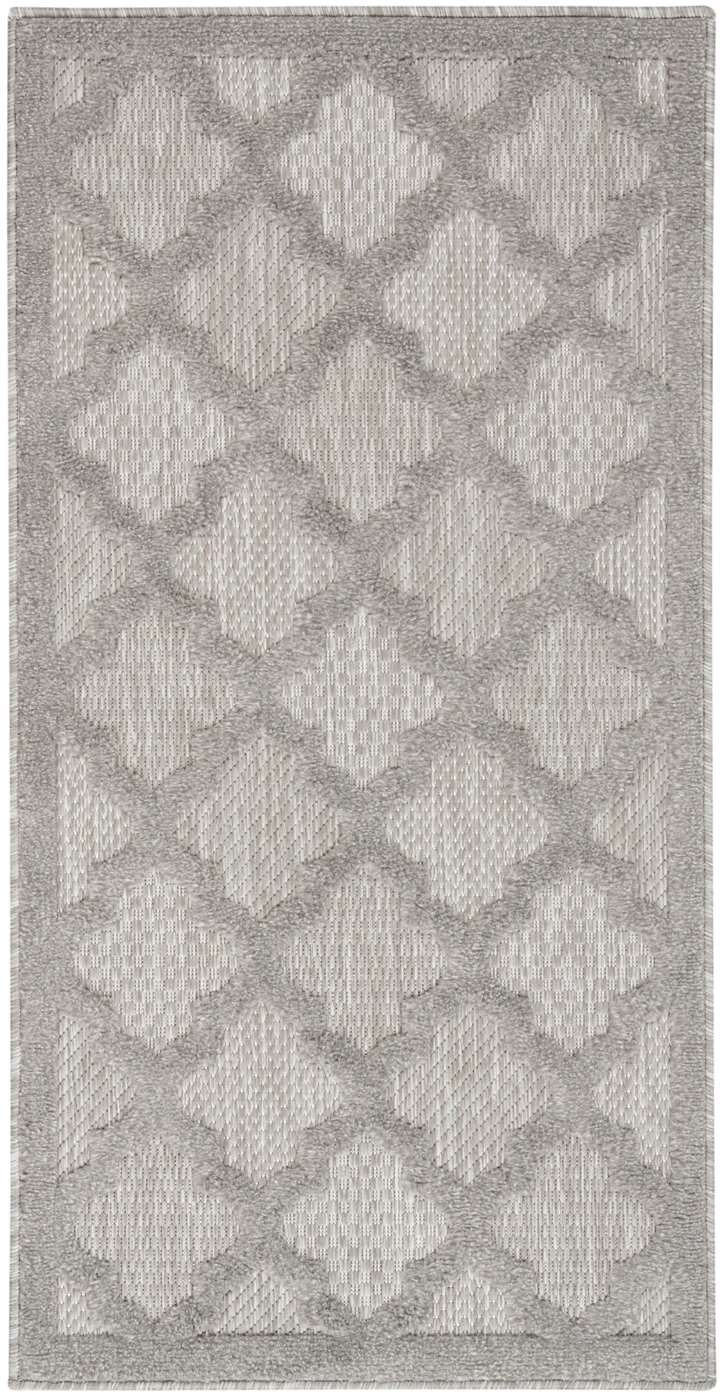 Rectangular beige and gray geometric diamond trellis rug with textured weave and subtle border