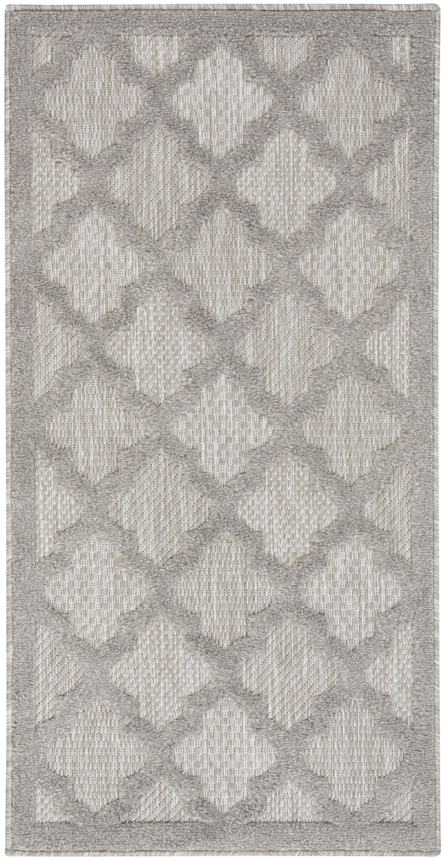 Rectangular beige and gray geometric diamond trellis rug with textured weave and subtle border