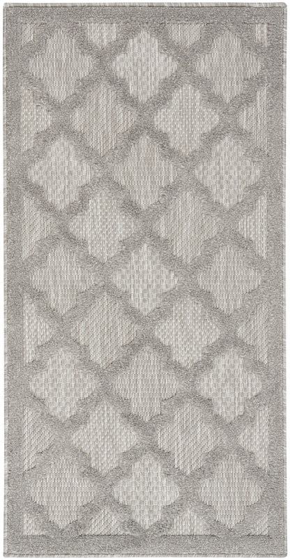 Rectangular beige and gray geometric diamond trellis rug with textured weave and subtle border