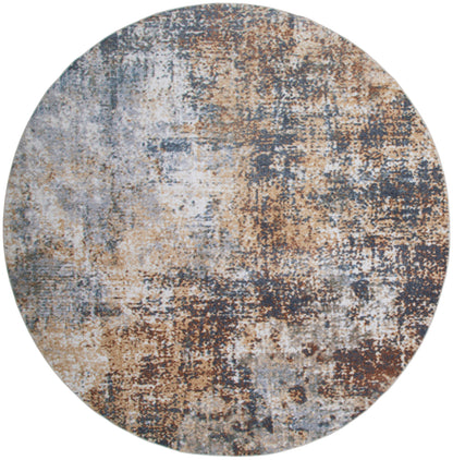 Round abstract rug in blue, gray and rust tones with a distressed textured pattern for modern living spaces.
