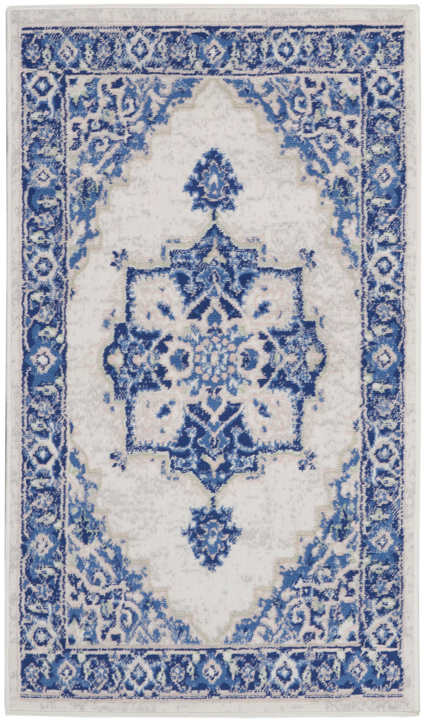 Blue and white oriental rug with intricate floral border and central medallion, distressed look, rectangular area rug.